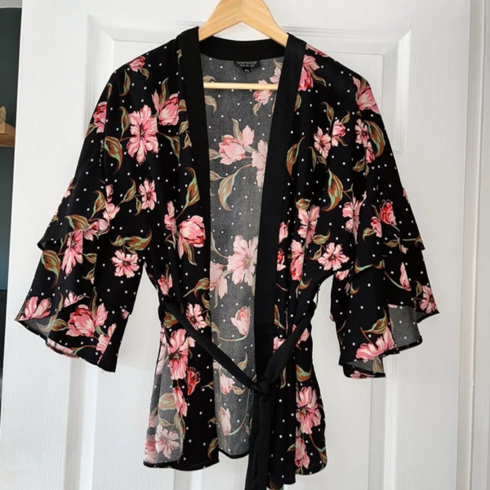 Topshop black floral kimono jacket size 10